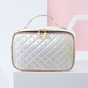 1pc White Quilted Embroidery Portable Travel Large Capacity Stylish And Simple Makeup Bag For Women Girls